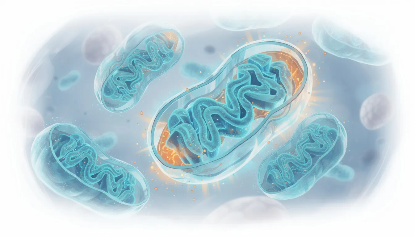 The image depicts a close-up illustration of mitochondria inside a human cell, radiating with energy, highlighting their crucial role in energy production and overall cellular health. This vibrant representation emphasizes the significance of mitochondrial function in supporting cognitive function, metabolic health, and healthy aging.