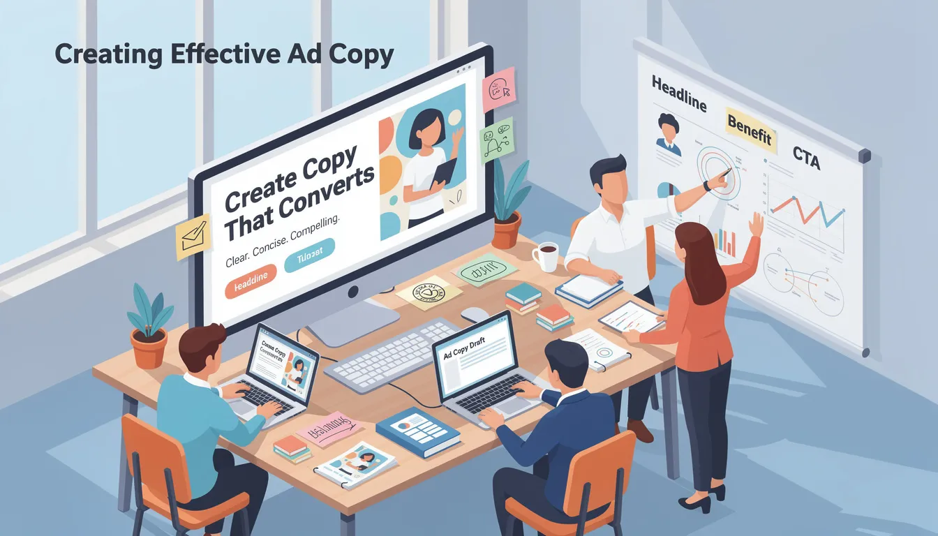 The image illustrates the process of creating effective ad copy for search engine marketing campaigns, emphasizing the importance of relevant keywords and compelling content to improve visibility in search engine results pages. It showcases various elements like ad targeting, user intent, and keyword research that contribute to successful paid search advertising strategies.