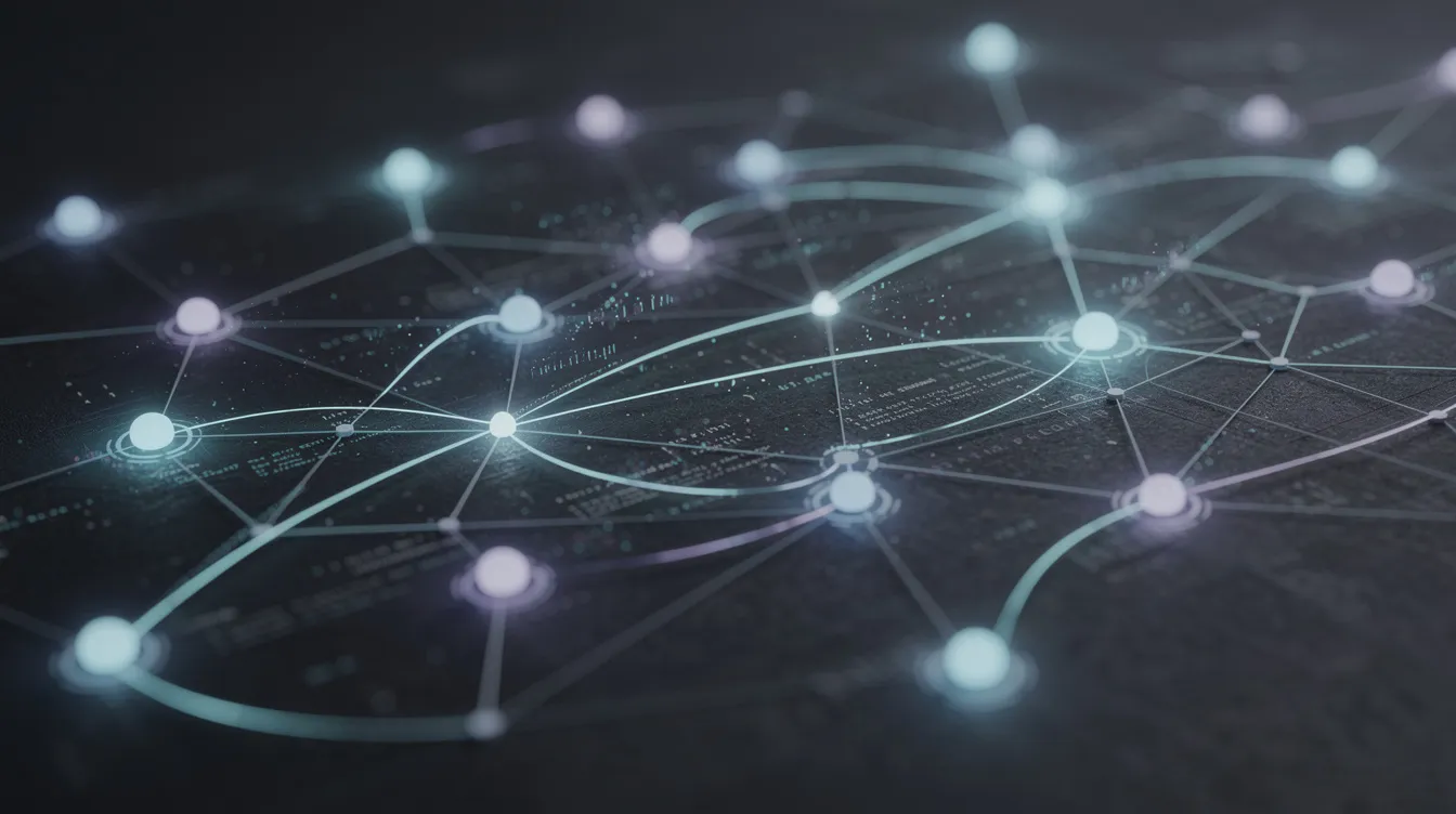The image depicts an abstract network of glowing nodes interconnected by lines, symbolizing the intricate relationships of knowledge, akin to how internal links in a markdown format can enhance navigation between notes in applications like Obsidian. This visual representation highlights the true power of linking notes and creating a structure for better writing and organization.