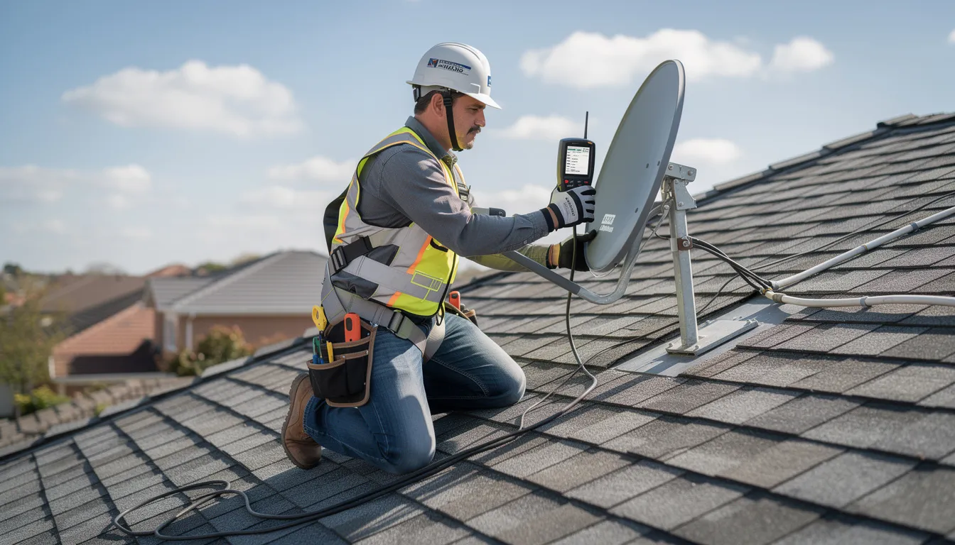 A technician is seen on a roof, carefully adjusting the angle of a satellite dish using a signal meter to ensure optimal reception for a new DSTV system. This professional DSTV installation service highlights the expertise needed to correct any faulty signal and provide uninterrupted viewing for residential and commercial clients.