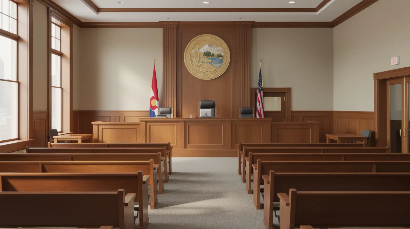 Empty courtroom with wooden spectator benches and a judge's bench, the setting for violent crime cases in Colorado Springs.