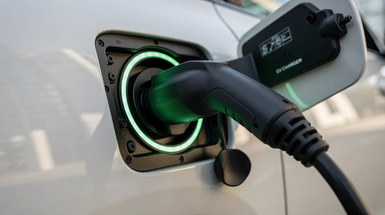 Een close-up van een laadkabel die is aangesloten op een elektrische auto, met een groene LED-indicator die aangeeft dat de auto aan het laden is. Deze laadpaal thuis maakt gebruik van duurzame energie en is geschikt voor het opladen van elektrische voertuigen, wat bijdraagt aan emissiereductie eenheden.