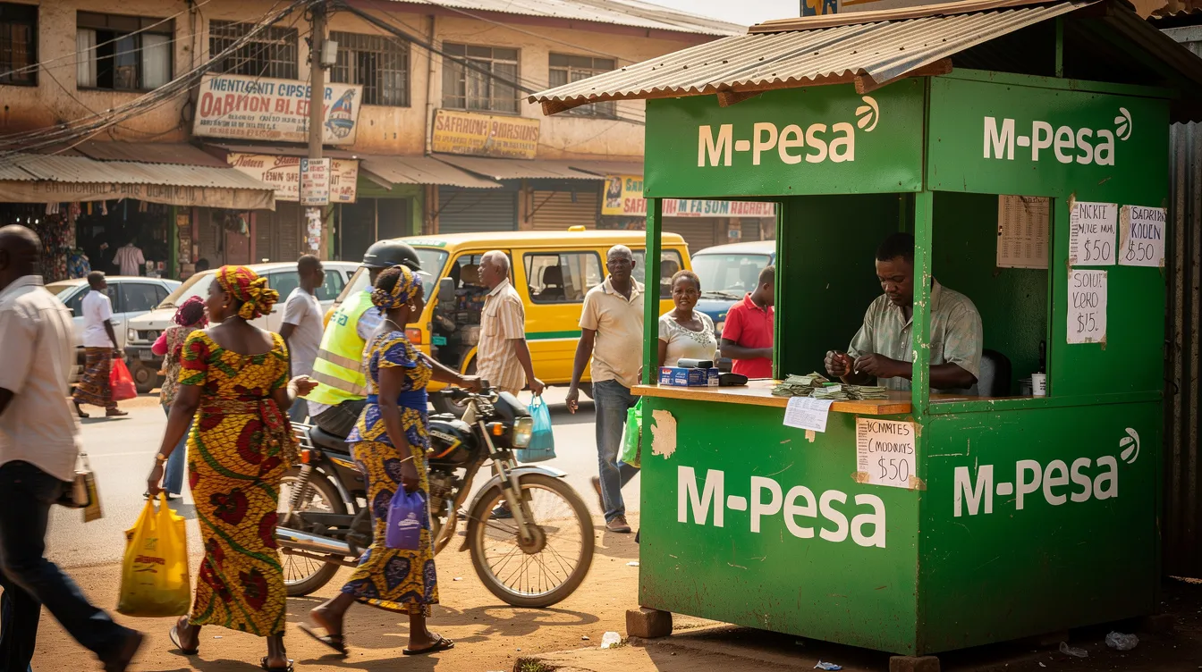 The image shows a small mobile money agent kiosk situated on a bustling Kenyan street, surrounded by pedestrians. This kiosk represents a vital part of the local payment methods, facilitating mobile money transactions and digital payments for everyday usage in the community.