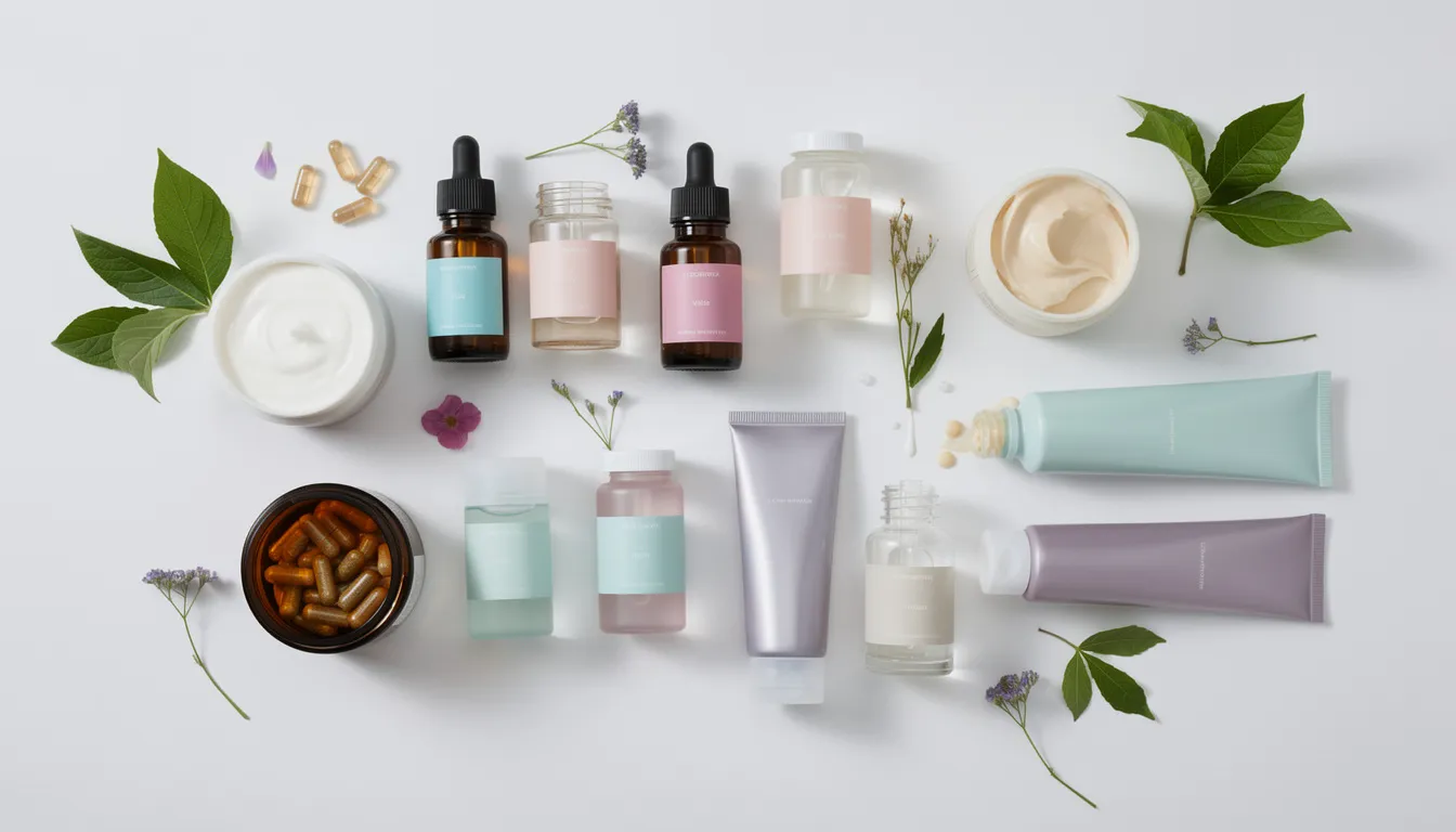 The image features an array of colorful wellness supplements and natural skincare products neatly arranged on a clean white surface, showcasing the vibrant packaging that represents various health and wellness products aimed at enhancing physical and mental health. This visually appealing display emphasizes the transformative power of holistic well-being and aligns with the values of the wellness industry.