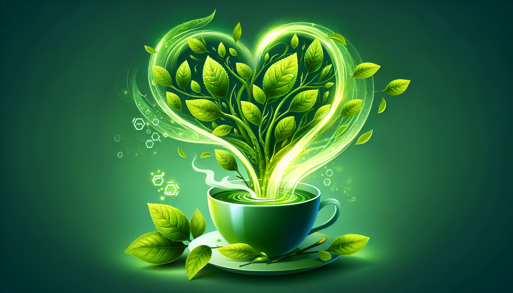 Illustration of green tea leaves and antioxidant support for cholesterol control