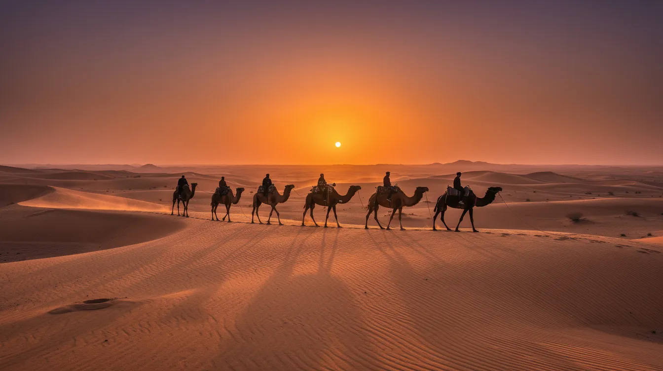 A stunning silhouette of a camel caravan traverses the golden sand dunes of the Sahara Desert at sunset, set against a warm orange and purple sky. This picturesque scene captures the essence of a luxury Sahara Desert tour from Marrakech, evoking a sense of adventure and the beauty of southern Morocco.