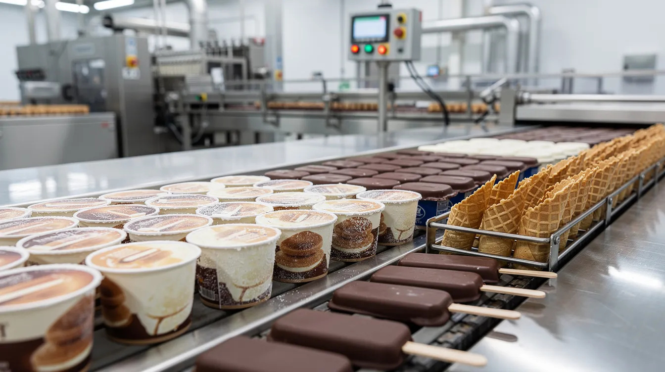 59d0862f 144d 4ff6 8503 8d9ade59b3c6 The image shows an industrial ice cream plant with various ice cream cups, cones, and bars neatly arranged on a stainless steel conveyor belt, showcasing the manufacturing process. This setup highlights the production capacity and technology used in the ice cream application, emphasizing the efficient plant layout and equipment involved.
