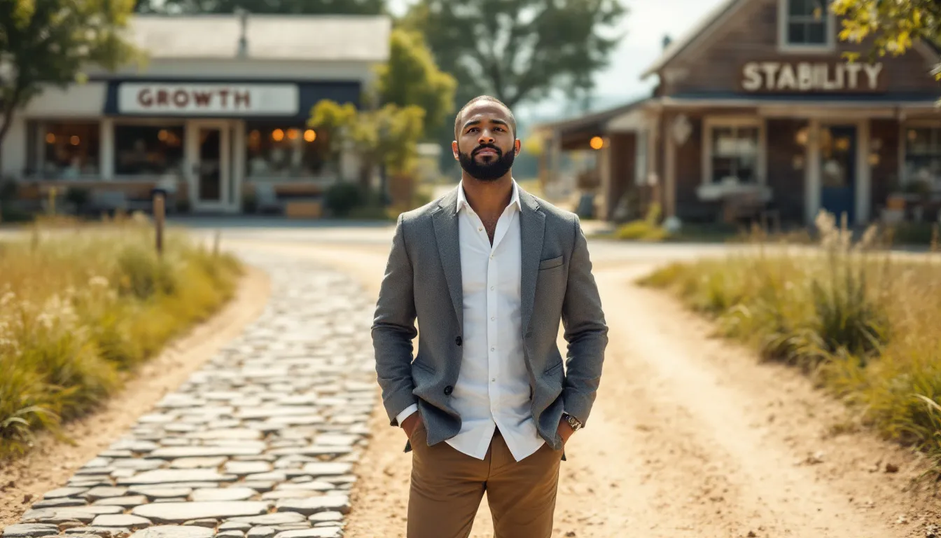 A small business owner stands at a crossroads, contemplating two distinct paths that symbolize an important business decision regarding financing options. The image reflects the uncertainty and critical nature of choosing between various loan types, such as business loans and cash advances, essential for meeting their business needs.