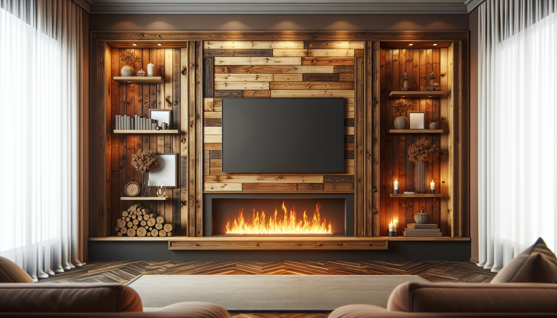 Rustic wooden media wall integrated with a cozy fireplace.