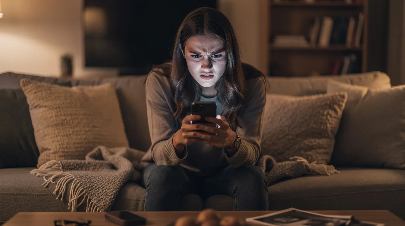 A woman sits on her couch at home, looking angrily at her cellphone screen, possibly frustrated by a message related to online dating or a dating app. Her expression suggests she may have encountered warning signs of a romance scam or a suspicious profile, emphasizing the importance of online dating safety.