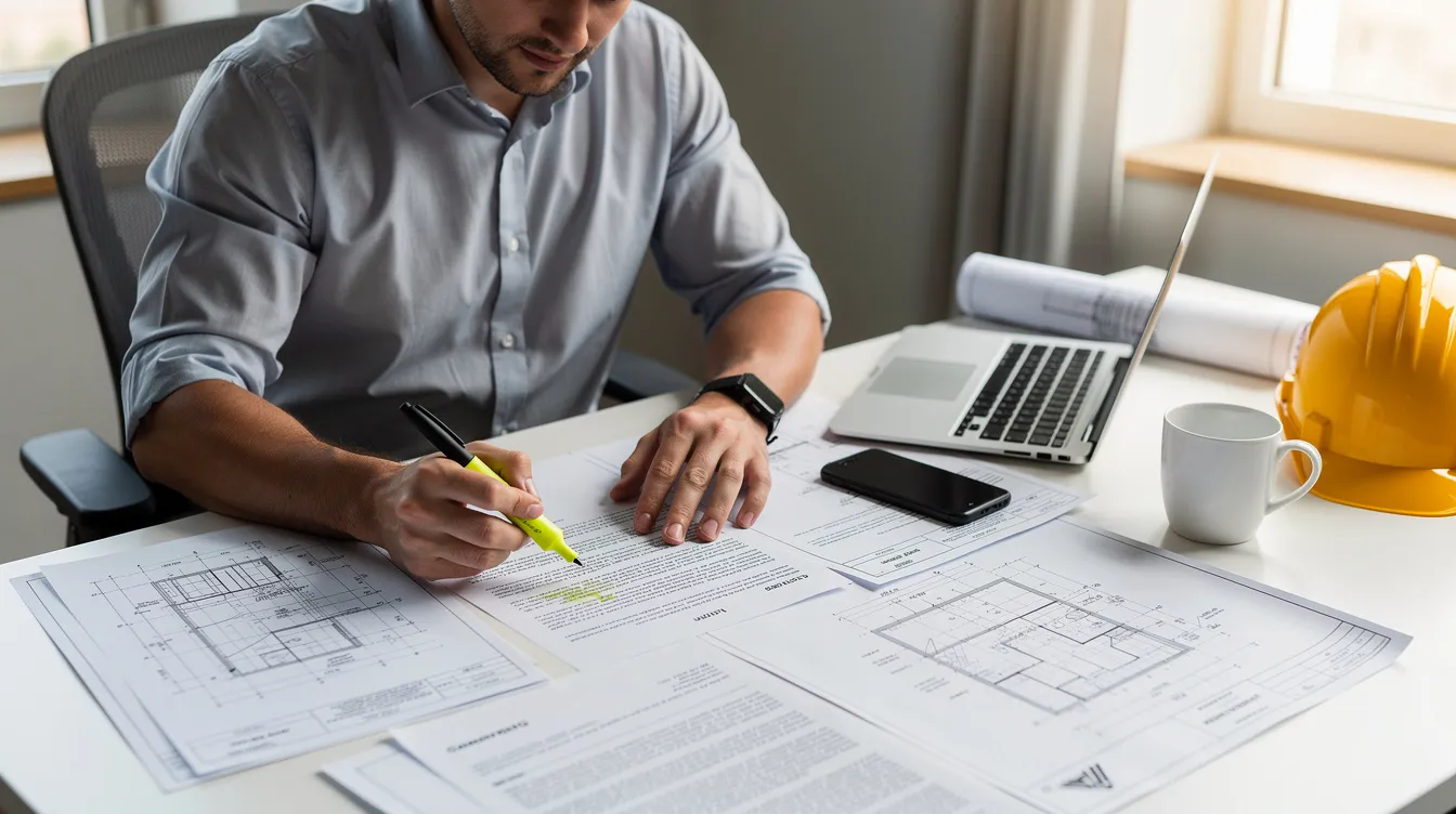 A contractor is seated at a desk, meticulously reviewing detailed construction contract documents, highlighting key terms and making notes with a pen. This scene emphasizes the importance of understanding payment terms and managing risks associated with construction projects to ensure a successful outcome.