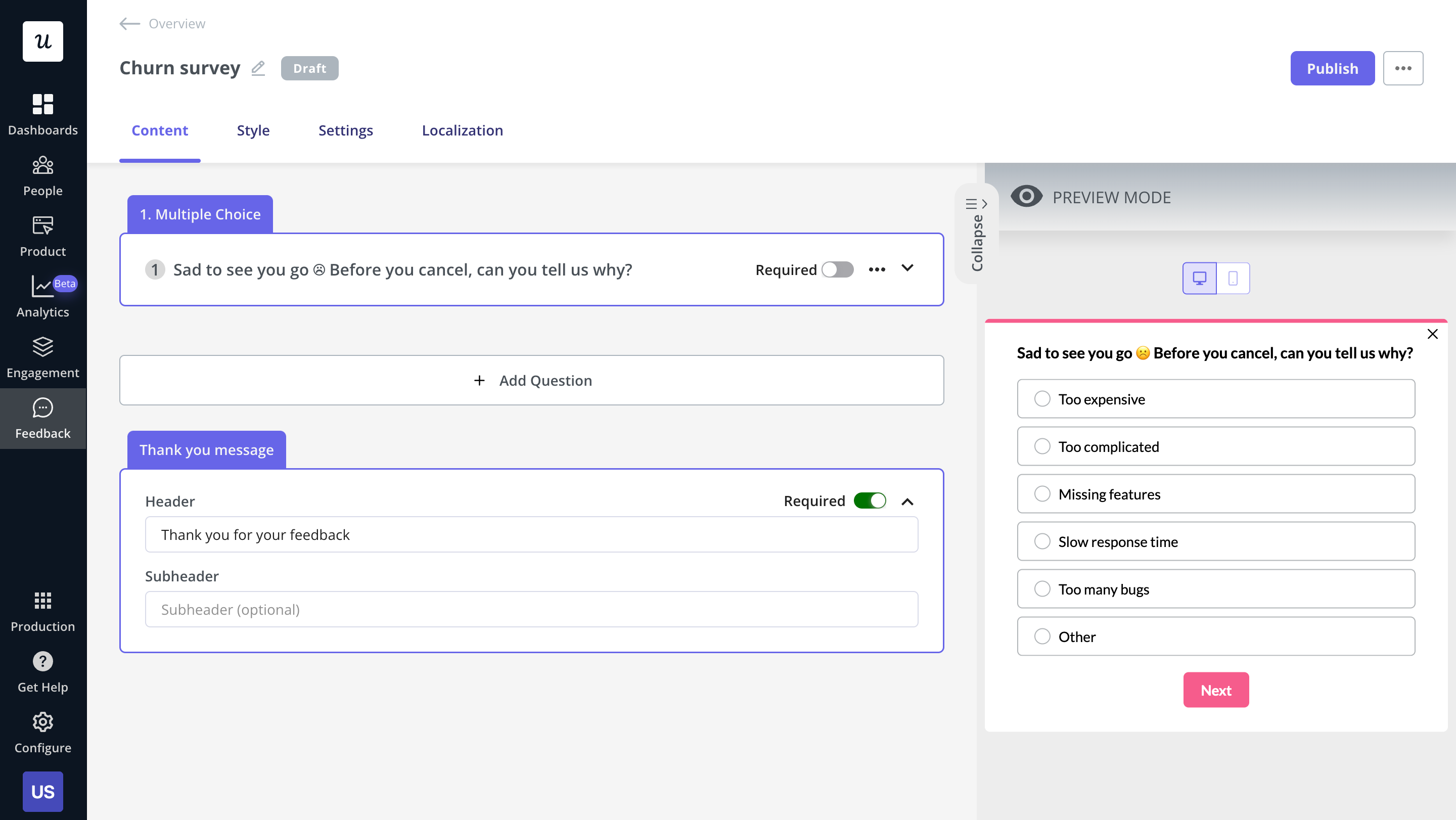 Want to build in-app churn surveys with no-code? Get a Userpilot demo and get started right away!