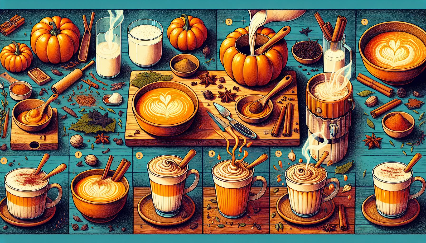 A step-by-step illustration of making a homemade pumpkin spice latte.