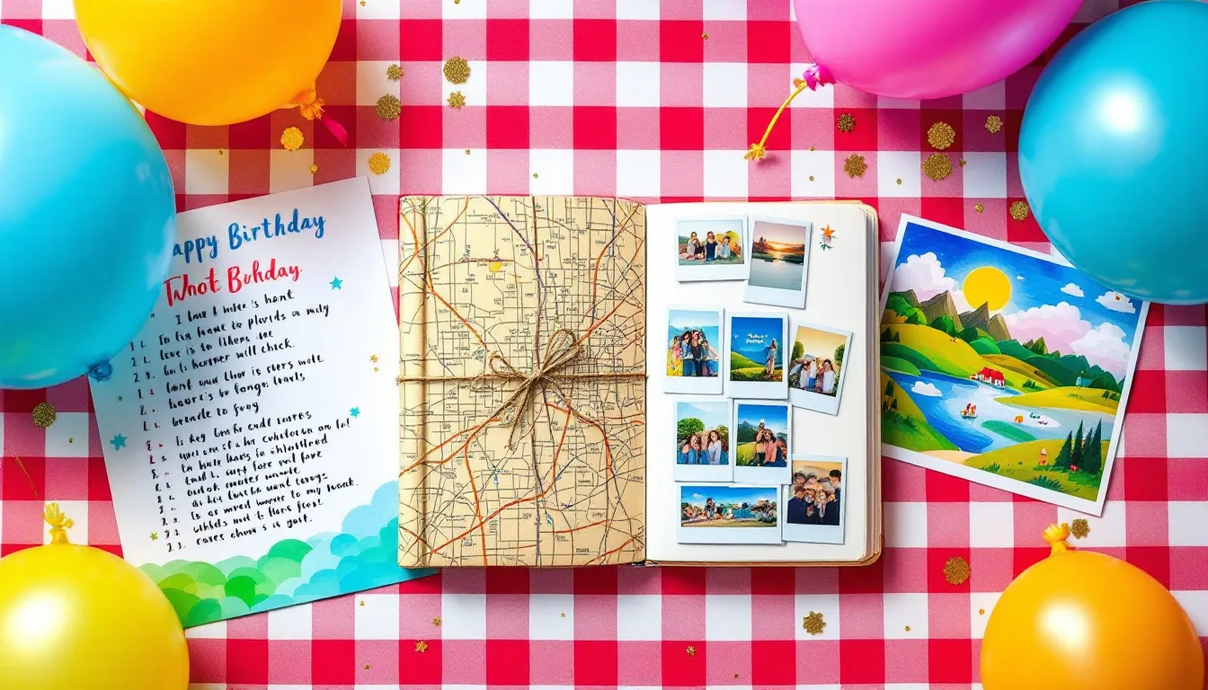 A flat lay showcases thoughtful DIY birthday gifts, including a personalized photo album, a printed playlist, and a hand-painted piece of wall art, all surrounded by festive balloons and confetti to evoke a celebratory atmosphere. These handmade gifts highlight the personal touch and cherished memories that make for great gift ideas for loved ones.