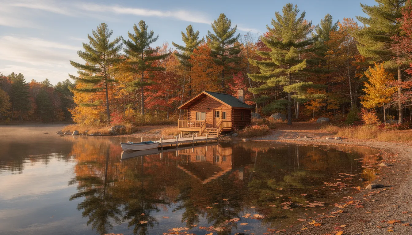 The image depicts a cozy lakeside cabin in Maine, surrounded by vibrant autumn foliage and tall pine trees, creating a serene atmosphere perfect for outdoor activities. This tranquil setting emphasizes the importance of maintaining good indoor air quality, especially in homes where families gather to enjoy the changing seasons.