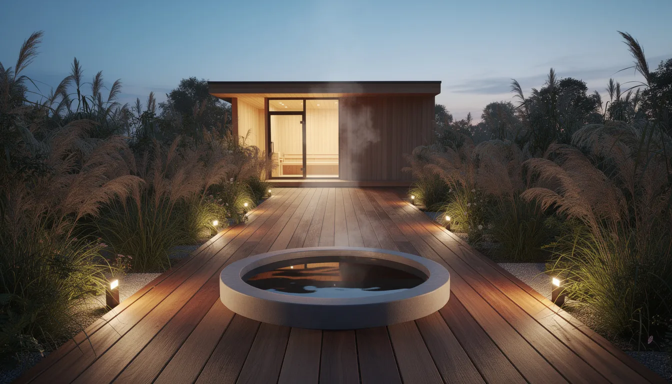 The image depicts a serene outdoor space featuring a wooden deck pathway flanked by ornamental grasses, leading from an outdoor sauna to a cold plunge tub. The scene is illuminated by warm path lighting at dusk, creating a relaxing atmosphere perfect for unwinding in a backyard retreat surrounded by lush greenery.
