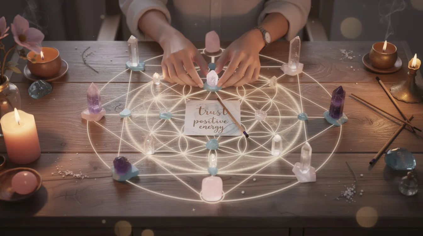 The image depicts a beautifully arranged crystal grid featuring blue lace agate and rose quartz, symbolizing emotional healing and self-love. The geometric pattern enhances the unique energies of the crystals, promoting trust and positive energy in relationships while fostering emotional balance and inner peace.