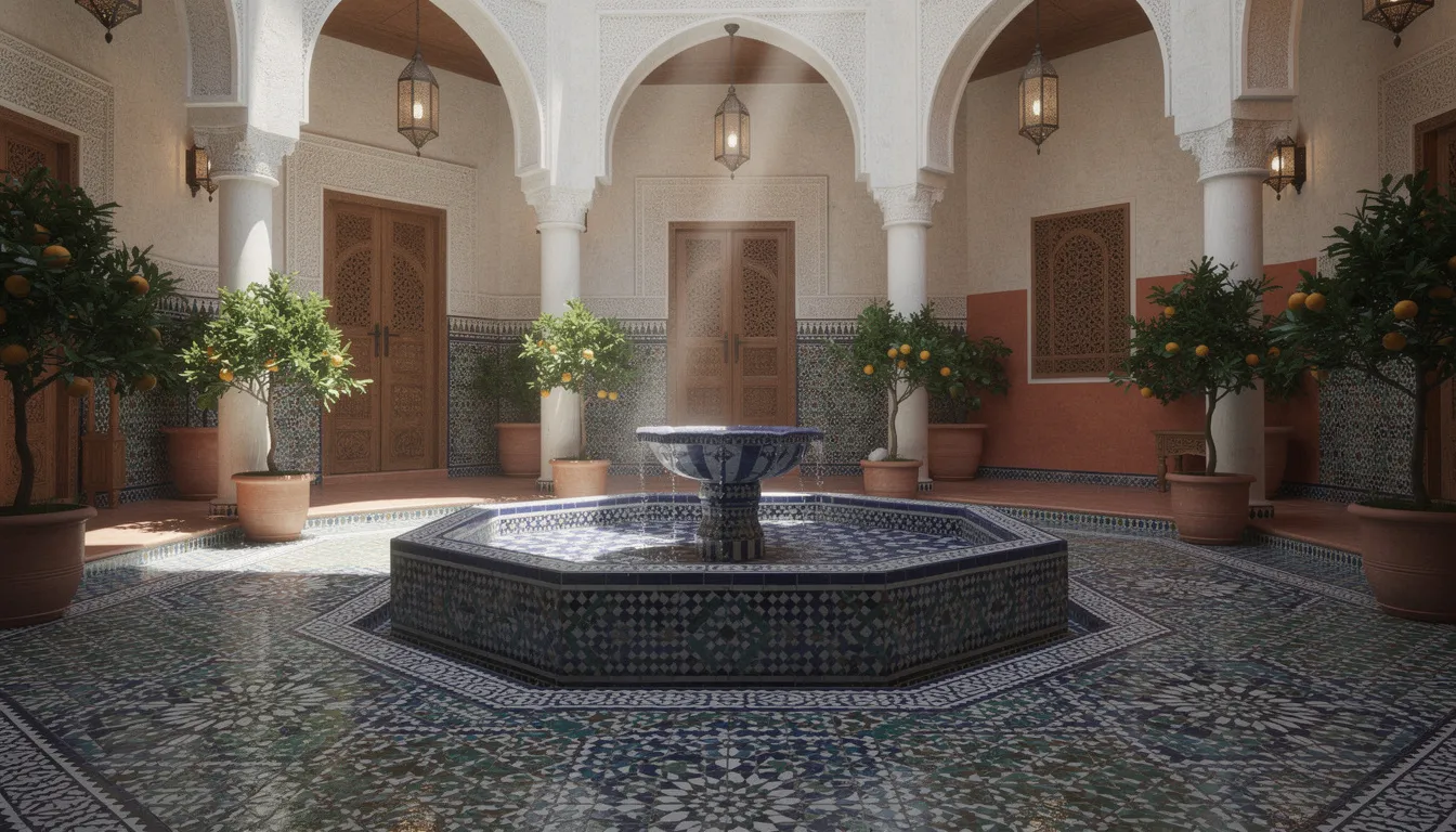 The image depicts a traditional Moroccan riad courtyard featuring a beautifully tiled fountain surrounded by lush potted plants, creating a serene atmosphere perfect for solo travelers seeking a peaceful retreat in beautiful Morocco. The intricate mosaics and vibrant greenery invite visitors to relax and enjoy the local ambiance, ideal for those exploring the rich culture of North Africa.