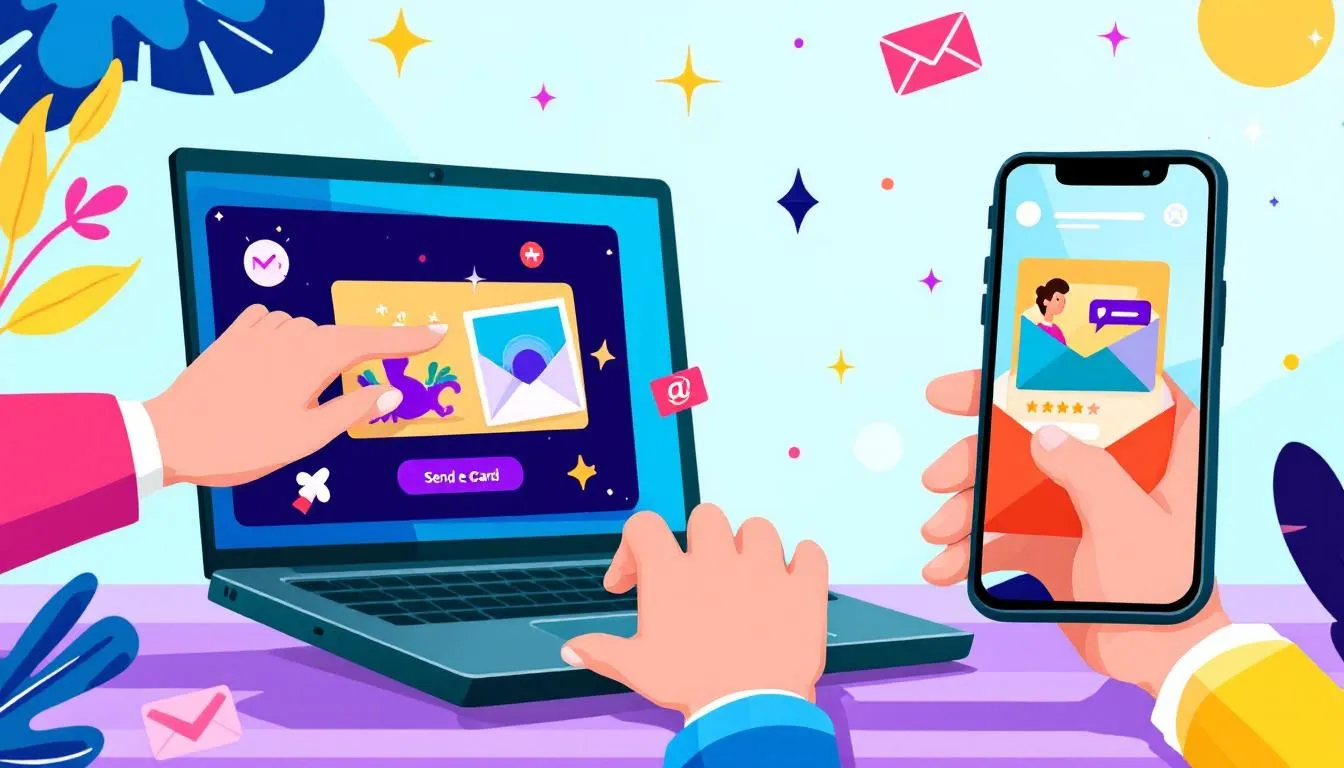 An illustration of easy sending methods for eCards via email and social media.