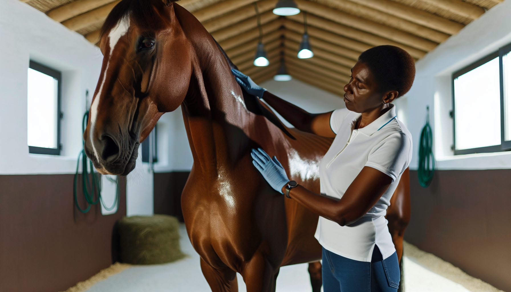 A horse being gently massaged with essential oils