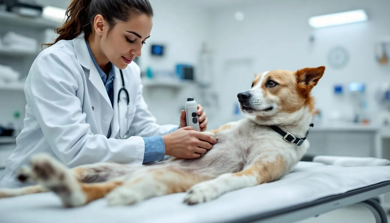 A veterinarian is examining a dog