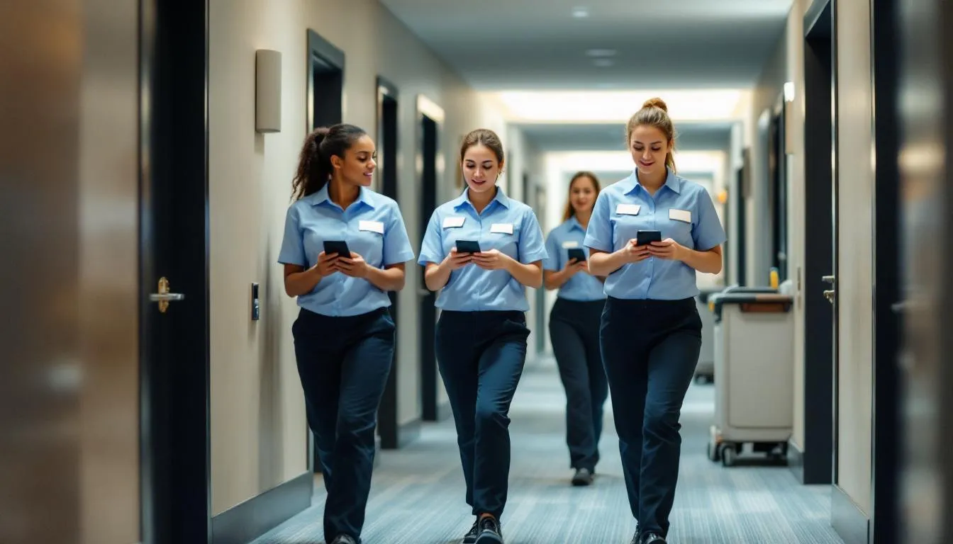 Housekeeping staff are seen using mobile devices to efficiently coordinate room cleaning, enhancing operational efficiency within the hotel industry. This streamlined approach allows for improved guest satisfaction and effective management of hotel operations.
