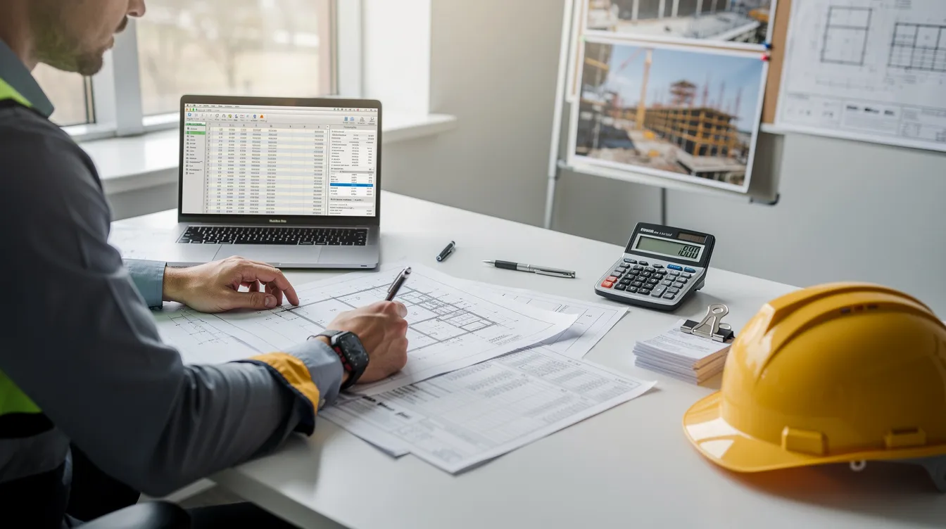 A construction professional is seated at a desk, intently reviewing plans and cost documents while using a laptop and calculator. This scene highlights the critical role of project managers in ensuring cost efficiency and effective resource allocation throughout the construction process.