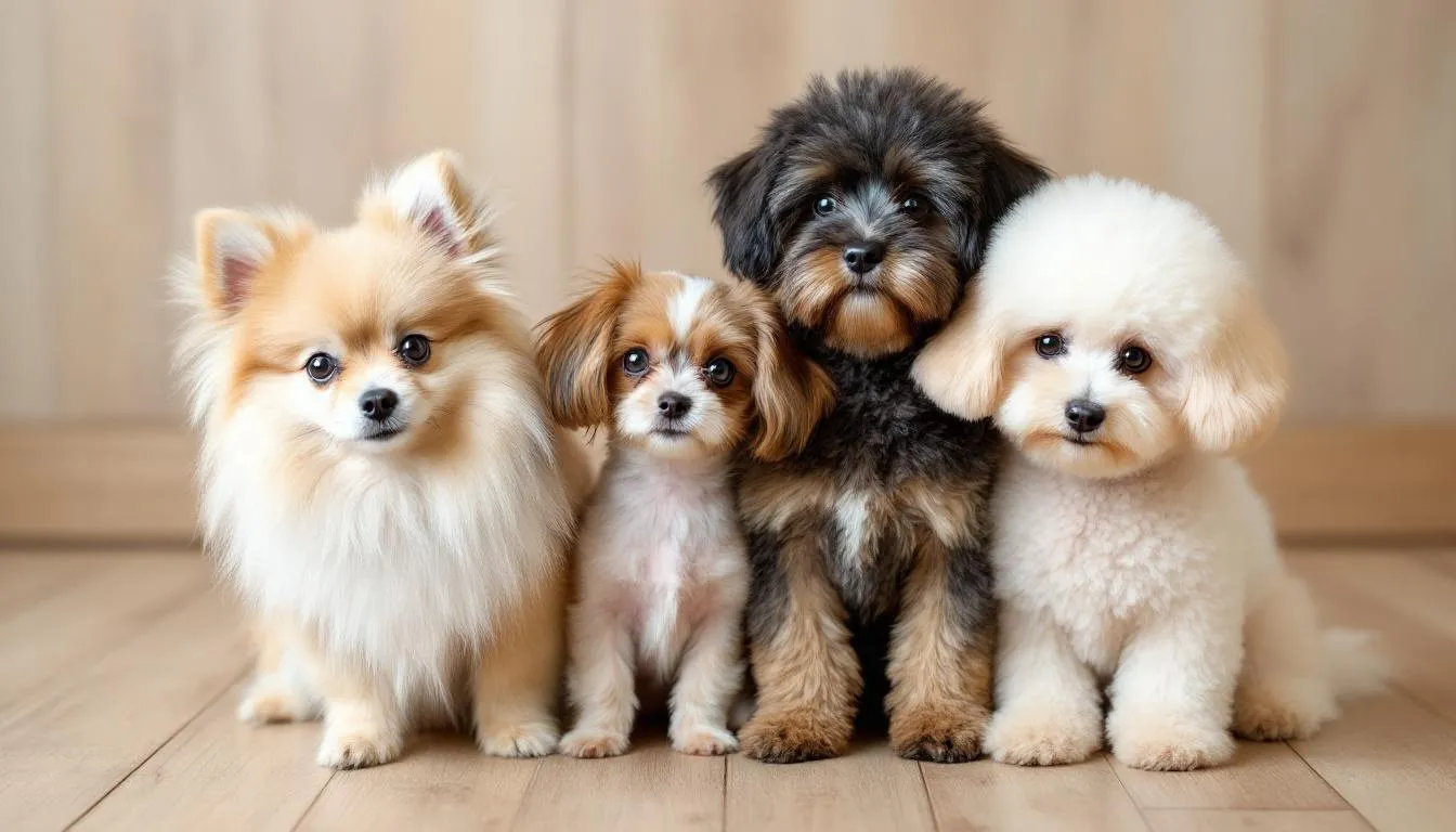 A variety of small dog breeds, including a shih tzu, toy poodle, and french bulldog, are sitting together, showcasing their different sizes and coat varieties. These adorable tiny dogs represent popular small dog breeds, perfect for those looking for a sweet and fun-loving companion.