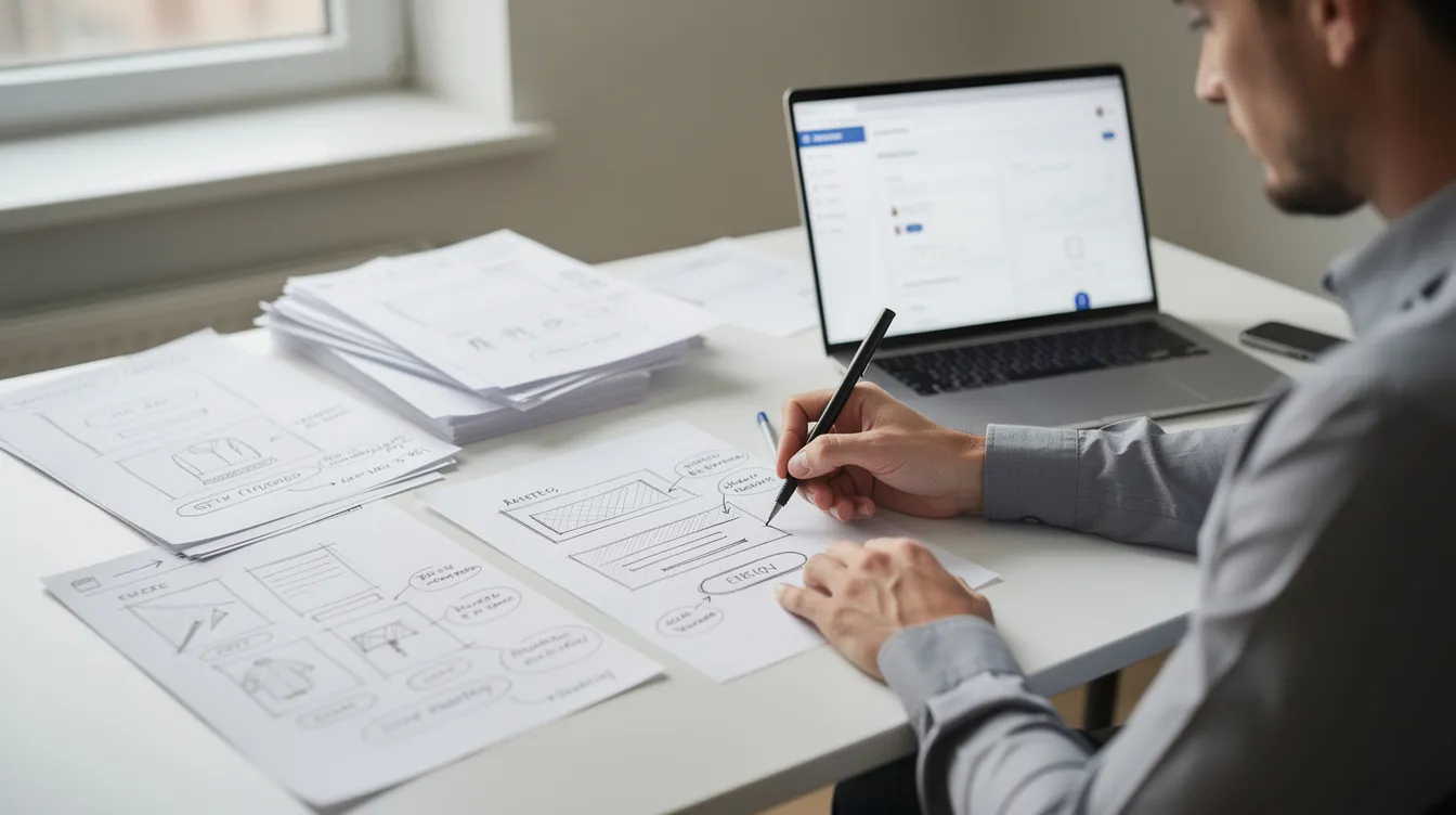 An ecommerce manager is sketching page layouts on paper next to a laptop, focusing on improving website conversion rates through effective design. The scene emphasizes the importance of marketing principles and industry knowledge in optimizing landing pages and boosting conversions for online customers.