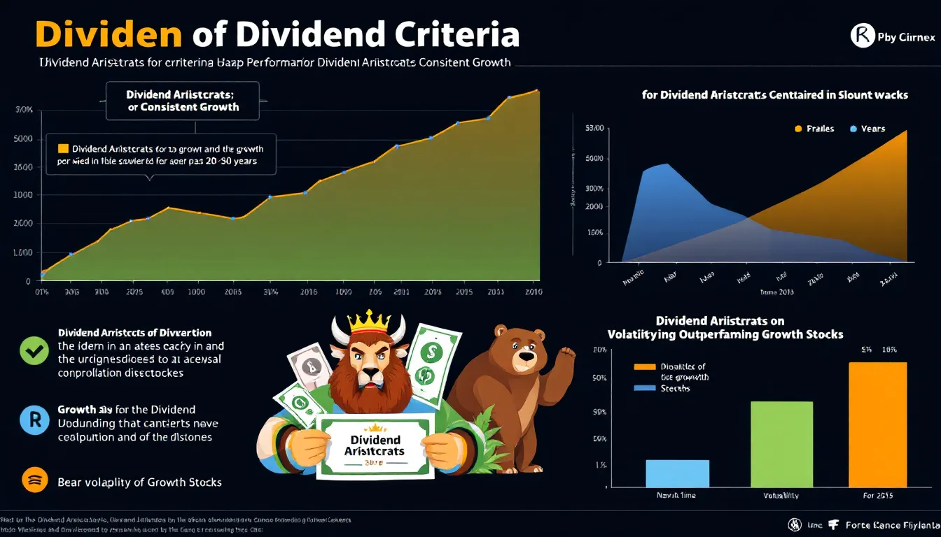 A visual guide to the criteria for Dividend Aristocrats, highlighting the characteristics of these top-performing dividend stocks.