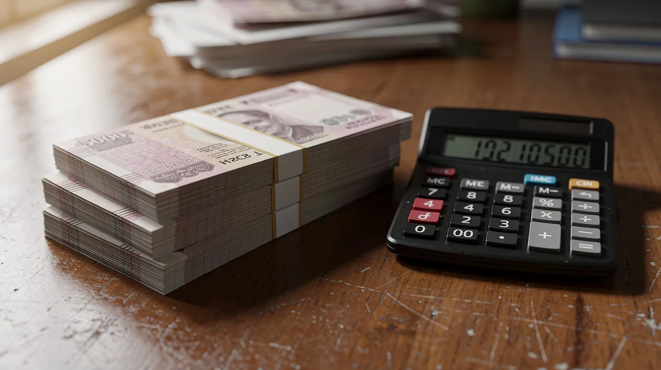 59e7d220 b32b 4725 b023 f010d26773db The image features a stack of Indian currency notes positioned next to a small calculator on a wooden desk, symbolizing financial analysis and cash flow management for business owners. This setup could represent the preparation of financial documents required for a project report, such as those needed for a Mudra loan application.