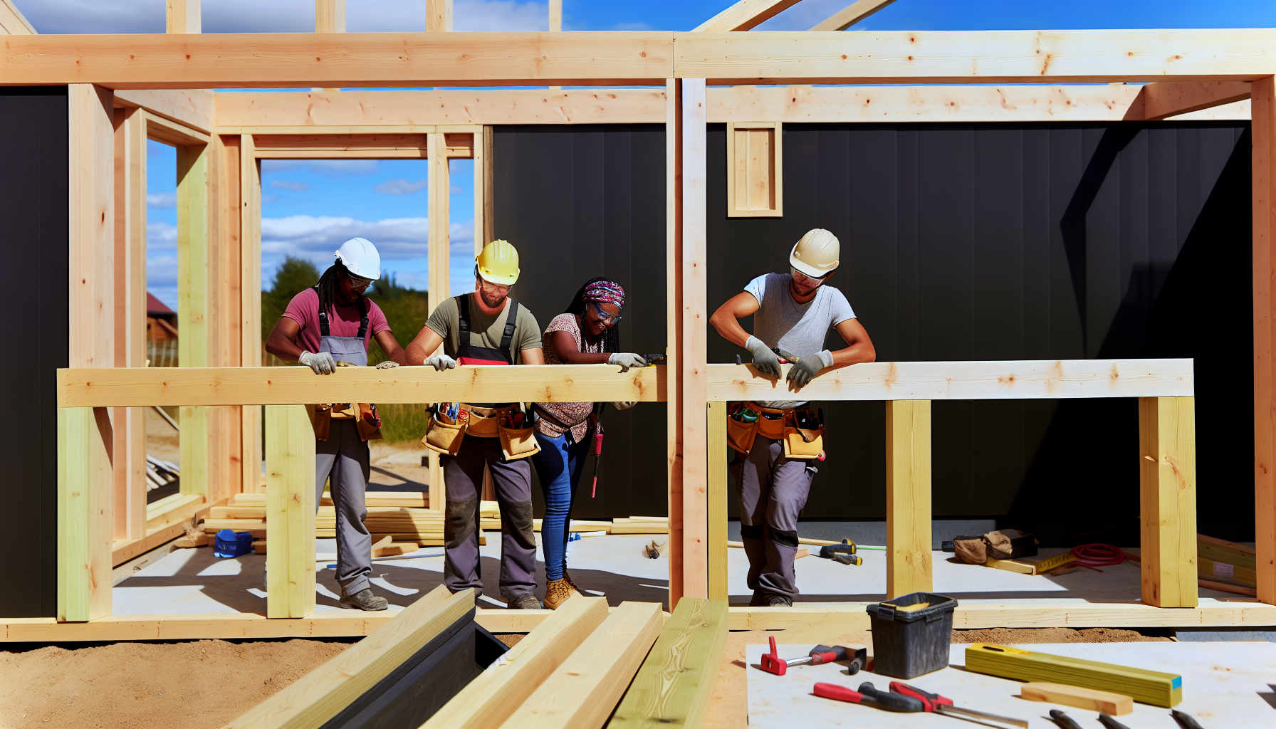 A timber frame extension under construction with workers assembling the frame