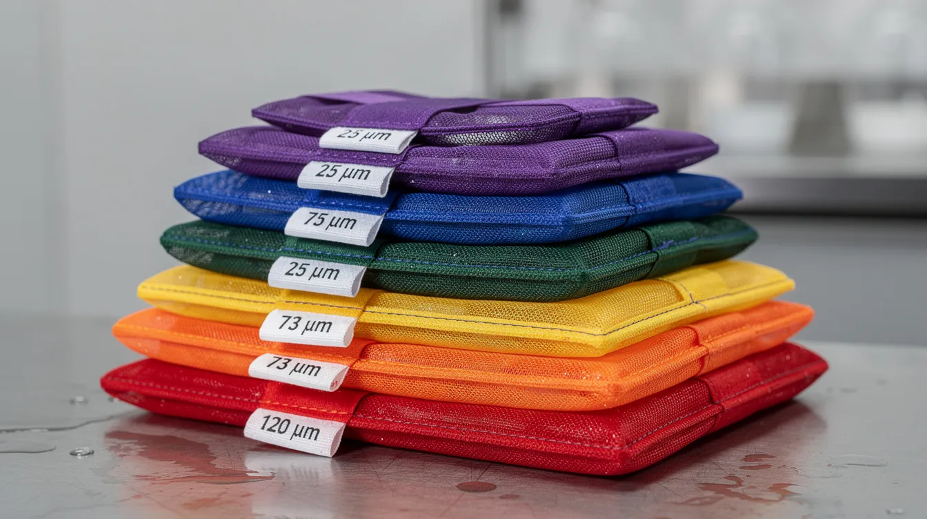 The image shows stacked, colored filter bags of various sizes used for the ice-water extraction of cannabis. These so-called bubble bags are essential for producing high-quality bubble hash, as they help efficiently extract cannabinoids and terpenes from the plant material.
