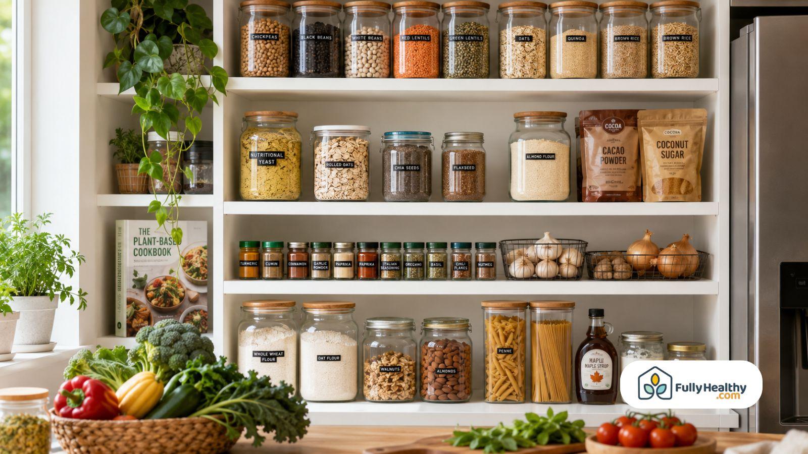 Organized vegan pantry with nutritional yeast whole grains vegetables and pantry staples