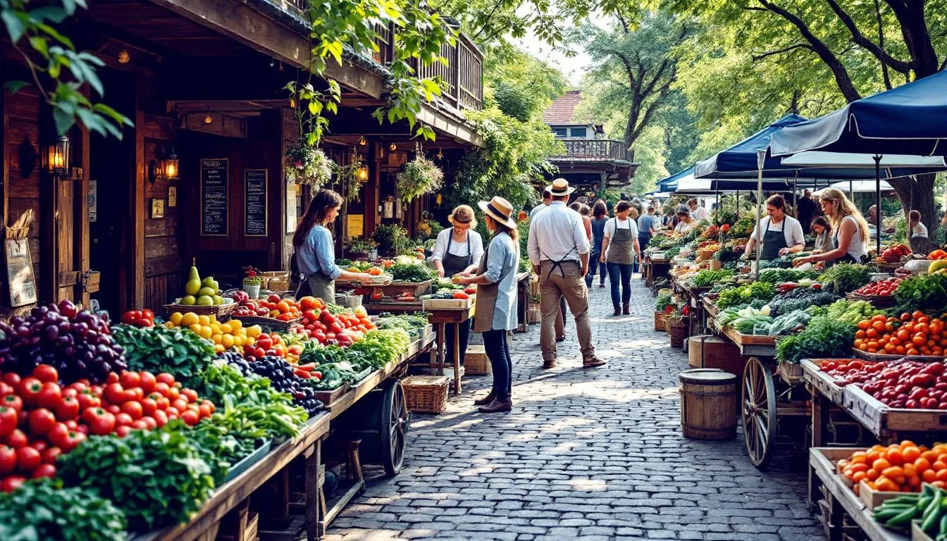 A vibrant local farmers market showcases various vendors selling fresh produce, with community members engaging and exploring the colorful stalls. This scene highlights the importance of local businesses in fostering community connections and supporting the economy.
