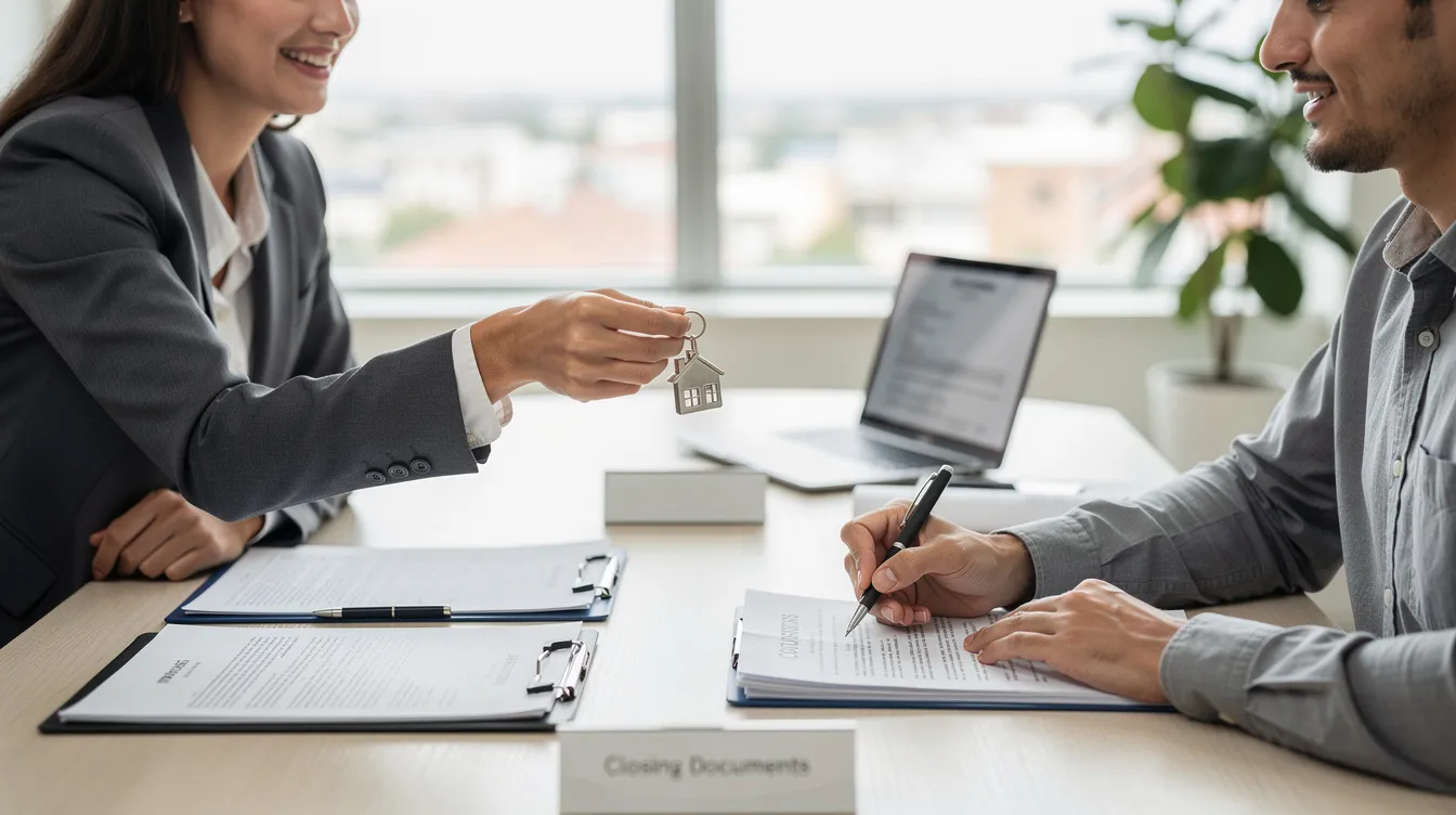 The image shows two people at a closing table, exchanging keys and signing paperwork, symbolizing the final steps in a real estate deal. This moment reflects the culmination of their efforts in real estate investing, often involving private lenders or gator funding to secure the necessary capital.