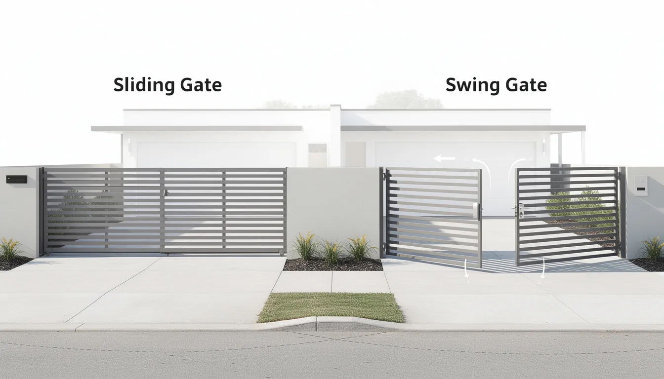 The image showcases a side-by-side comparison of sliding gates and swing gates installed on residential properties, highlighting their distinct styles and functionalities. The sliding gate, ideal for limited driveway space, is contrasted with the traditional swing gate, emphasizing their aesthetic appeal and security features, relevant for automatic gate installation in areas like Keilor East and surrounding regions.