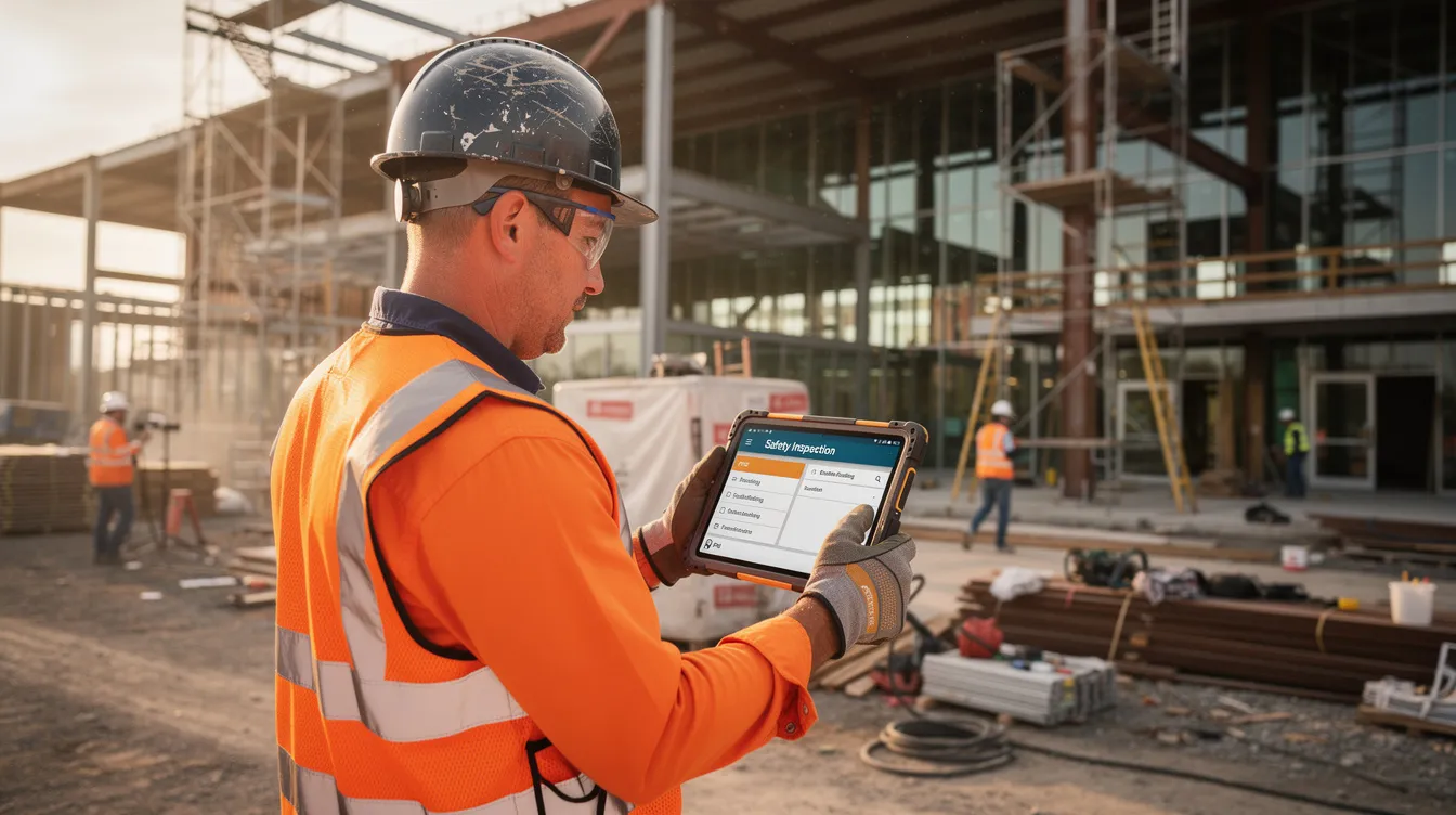 A construction superintendent is using a ruggedized tablet to conduct a digital safety inspection on a commercial building project, ensuring compliance with safety regulations and identifying potential hazards. This proactive approach to construction safety management utilizes safety software to enhance workplace safety and streamline safety inspections.