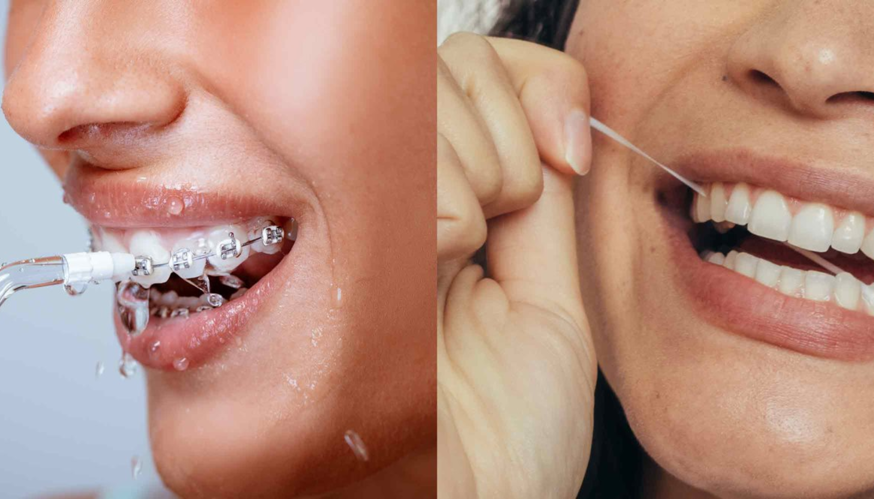 Person med tannregulering bruker munnskyller, mens en annen bruker tanntråd for å rense mellom tennene og opprettholde god munnhygiene.