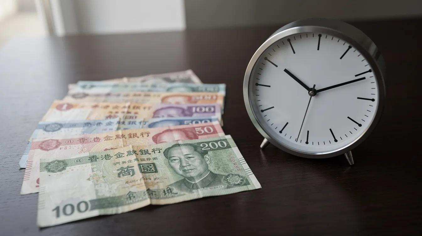 The image features Hong Kong banknotes placed alongside a clock, symbolizing the trade-off between time and money. This visual representation reflects the values relevant to public service and the responsibilities of civil servants in the Hong Kong Special Administrative Region.