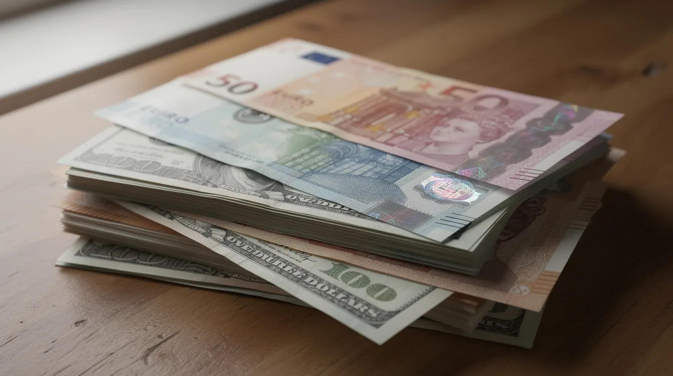 The image features a collection of stacked international currency notes, including US dollars, euros, and British pounds, arranged neatly on a wooden table. This visual representation highlights the concept of international transfers, emphasizing the importance of understanding different currencies for sending and receiving money across borders.