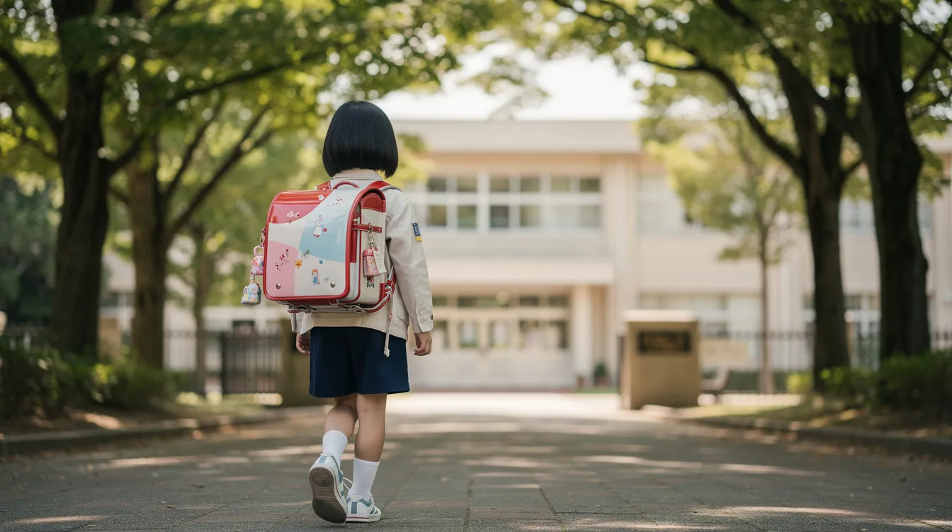 A Japanese child, wearing a colorful randoseru school bag, walks along a tree-lined path towards an elementary school building, embodying the excitement of starting school. The vibrant backpack, a tradition in Japan, is designed to carry books and supplies for young students.