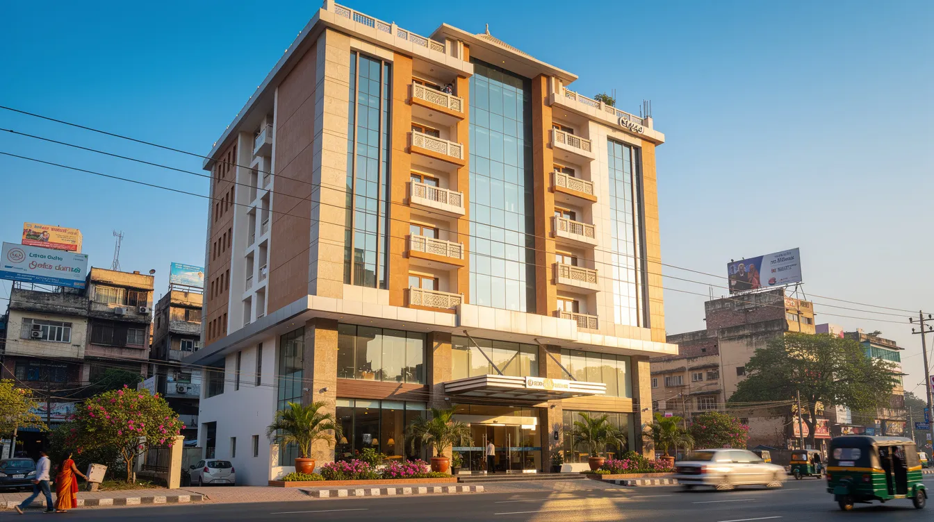 The image depicts a modern hotel building exterior set against a clear blue sky in an Indian city, showcasing sleek architecture that reflects contemporary design trends in the hospitality industry. This proposed hotel project signifies potential success in the market, aligning with the growing demand for new hotel developments in urban areas.