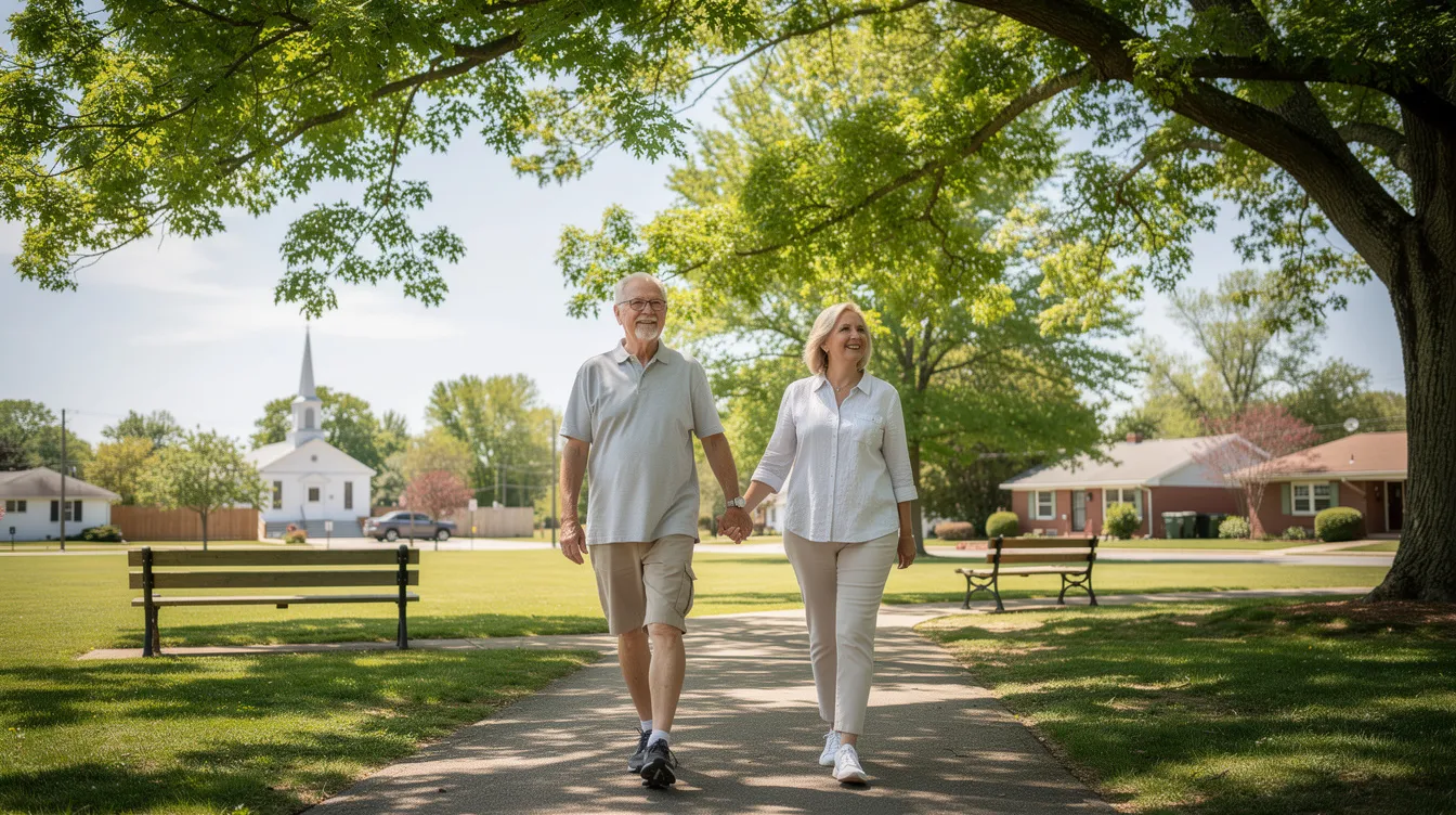An older couple walks confidently through a park in a small American town, surrounded by lush green trees, symbolizing the peace of mind that comes from having a solid financial plan in place. As they enjoy their day, they exemplify the importance of consulting with a certified financial planner to achieve their financial goals and secure their retirement.