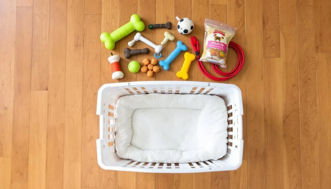 The image shows a neatly organized puppy supply setup on the floor, featuring a crate with an open door, colorful chew toys, tasty puppy treats, and a leash, all essential for successful puppy training and creating a positive environment for young puppies. This setup is ideal for puppy parents beginning training sessions and ensuring their new pup learns good behavior.