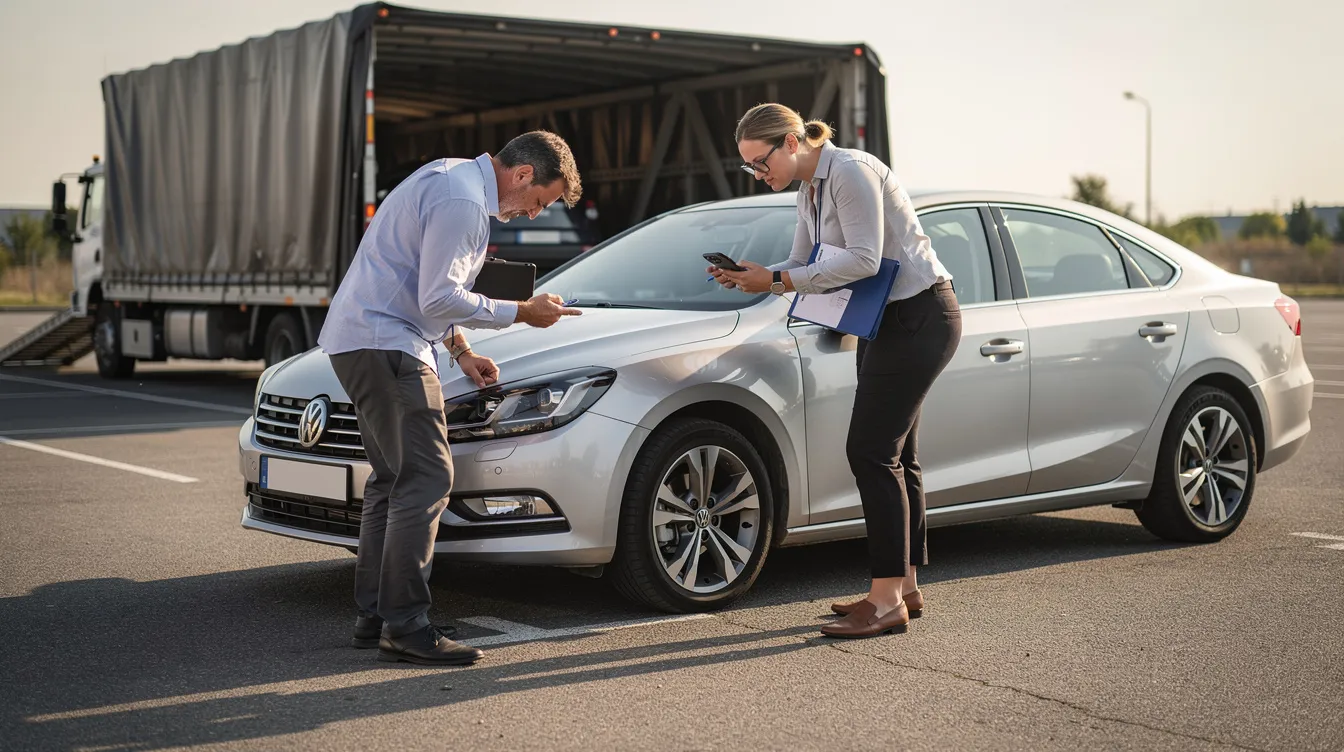 A person is inspecting the exterior of a car, taking detailed photographs to document its condition before the vehicle transport process. This careful evaluation is part of efficient car shipping services, ensuring the vehicle is ready for safe transport to its desired destination.