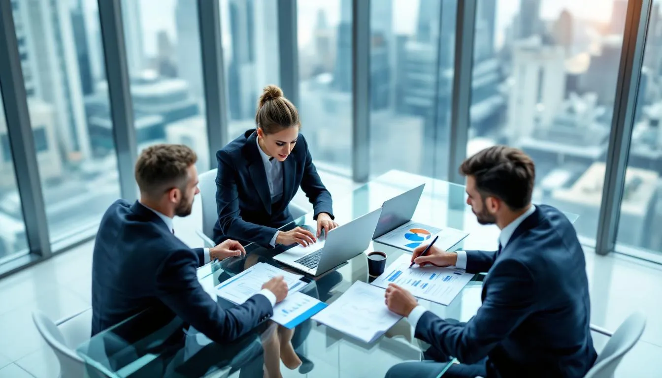 A group of business professionals is gathered around a table, analyzing financial documents and discussing key person disability insurance options to ensure financial protection and business continuity in case of unexpected challenges. Their focus on key employees highlights the importance of maintaining operational stability and mitigating the financial impact of potential disabilities.