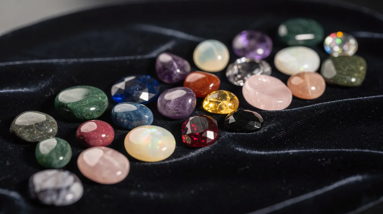 A vibrant collection of polished gemstones in various colors is elegantly arranged on a dark velvet surface, showcasing the timeless beauty of birthstones by month. This display includes traditional stones like the ruby for July and the sapphire for September, each representing unique meanings and perfect for thoughtful gifts or birthstone jewellery.