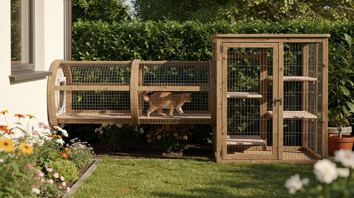The image features an outdoor wooden and wire mesh cat tunnel, designed for cats to navigate easily, running along a garden fence. It connects a house window to an enclosed catio, providing a fun and safe play space for cats to enjoy the outdoors.