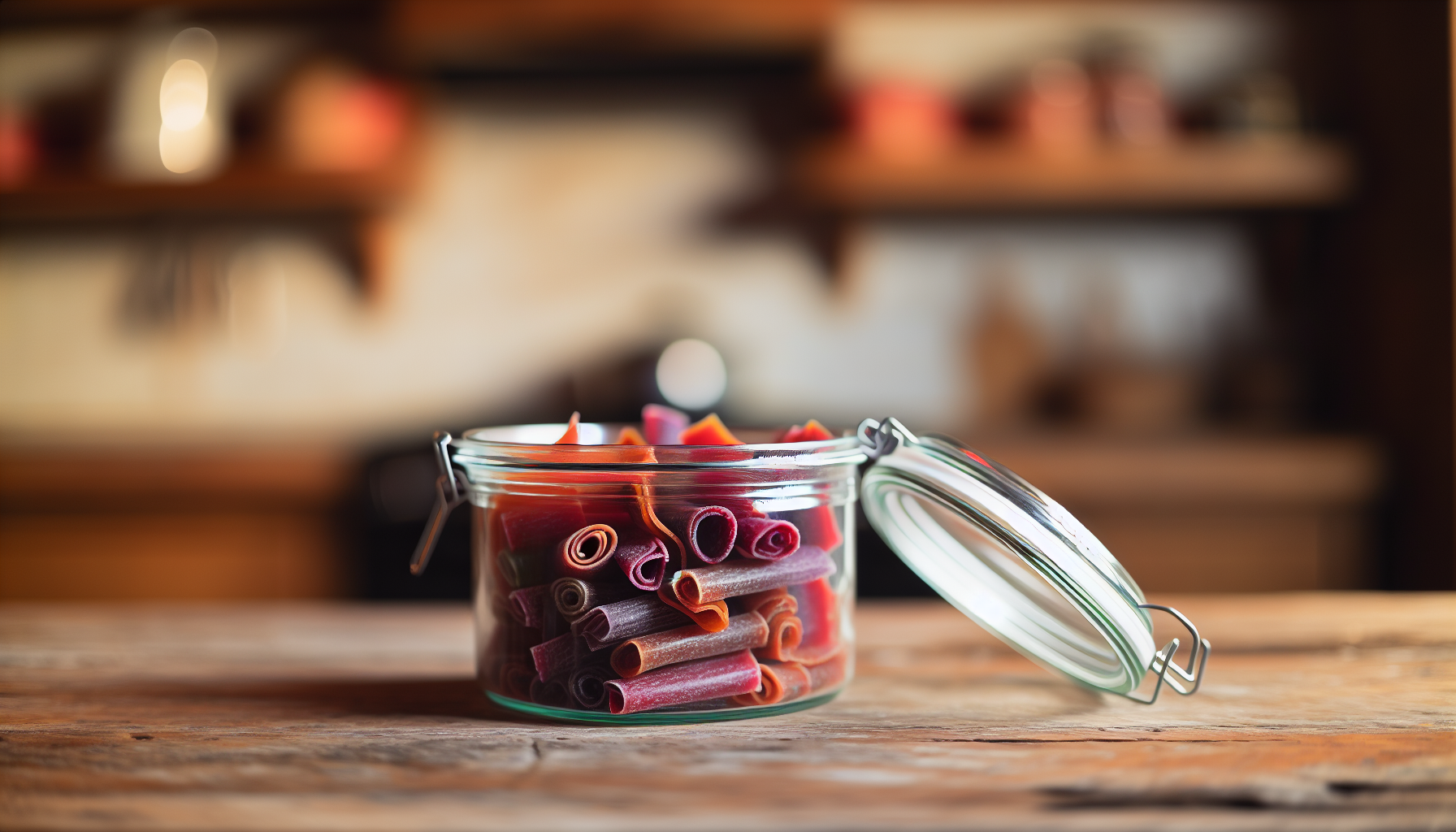 Airtight container with homemade fruit leathers inside